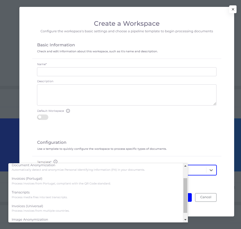 Creating a workspace in SmartDocumentor Cloud